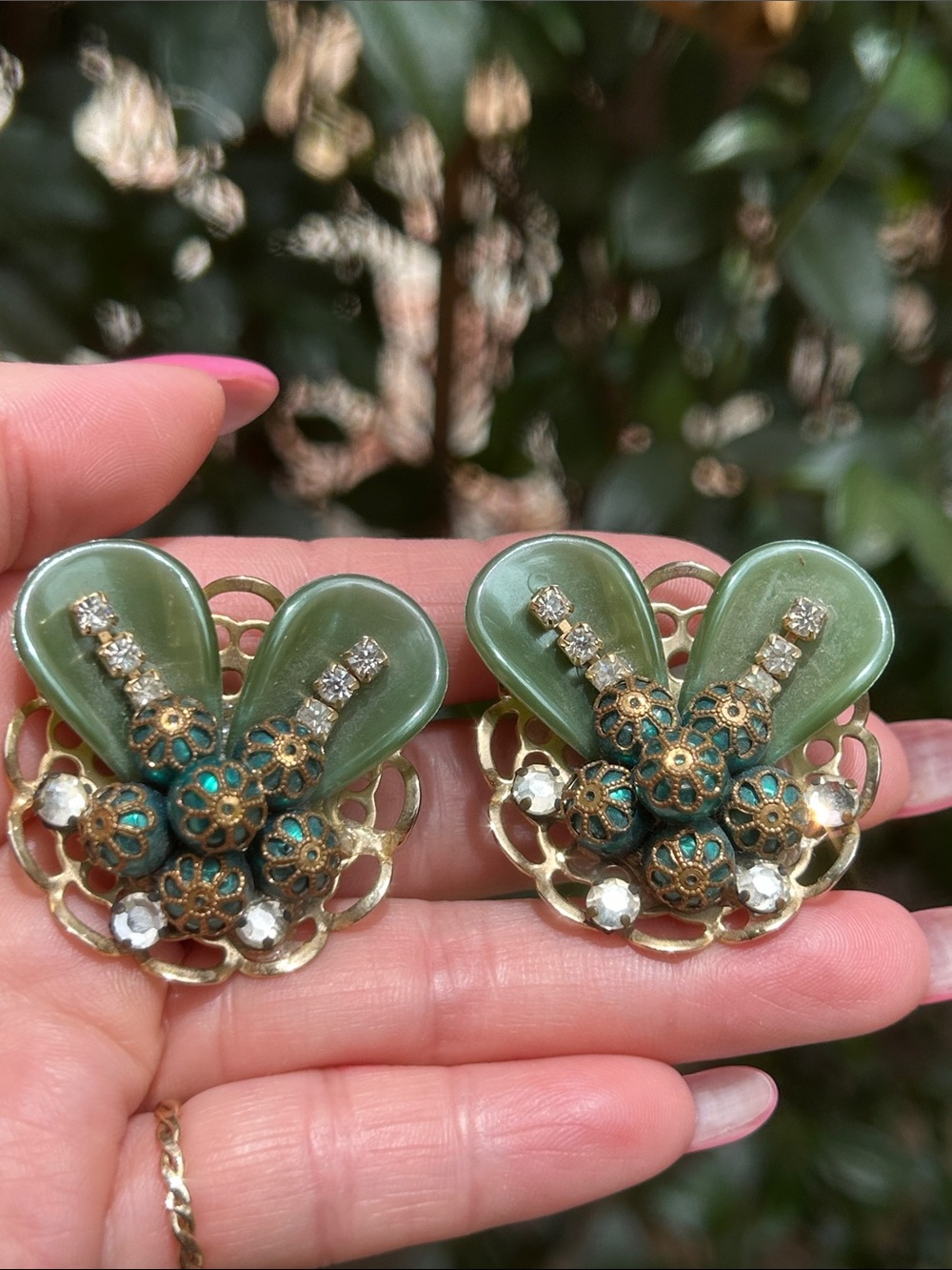 Vintage Green Floral Filigree Statement Clip On Earrings